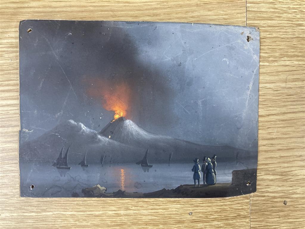 19th century Neapolitan School, gouache on card, Vesuvius erupting at night, 12.5 x 18cm, unframed